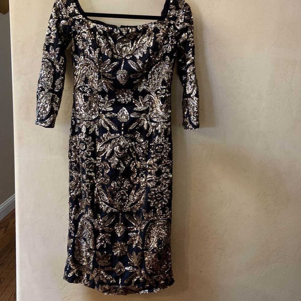 Sz 4 Nicole Miller Collection Black & Gold Sequin Lined Sheath Dress Rear Zip - Picture 3 of 9